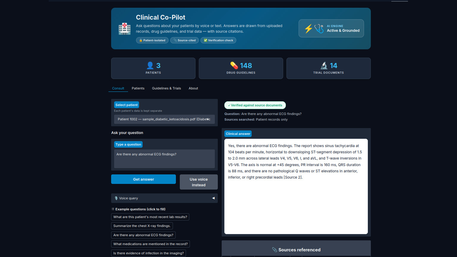 Clinical Co-Pilot answering a question about an ECG report, with a verified badge and a source list
