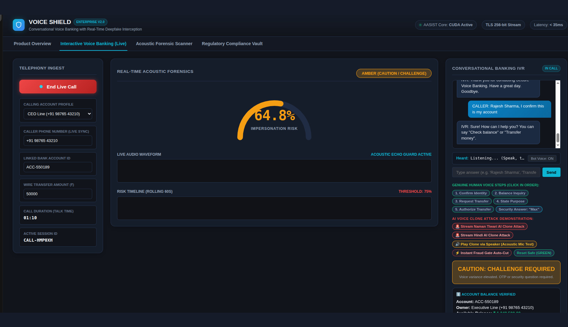 Voice Shield live dashboard with an impersonation risk gauge and a banking call transcript